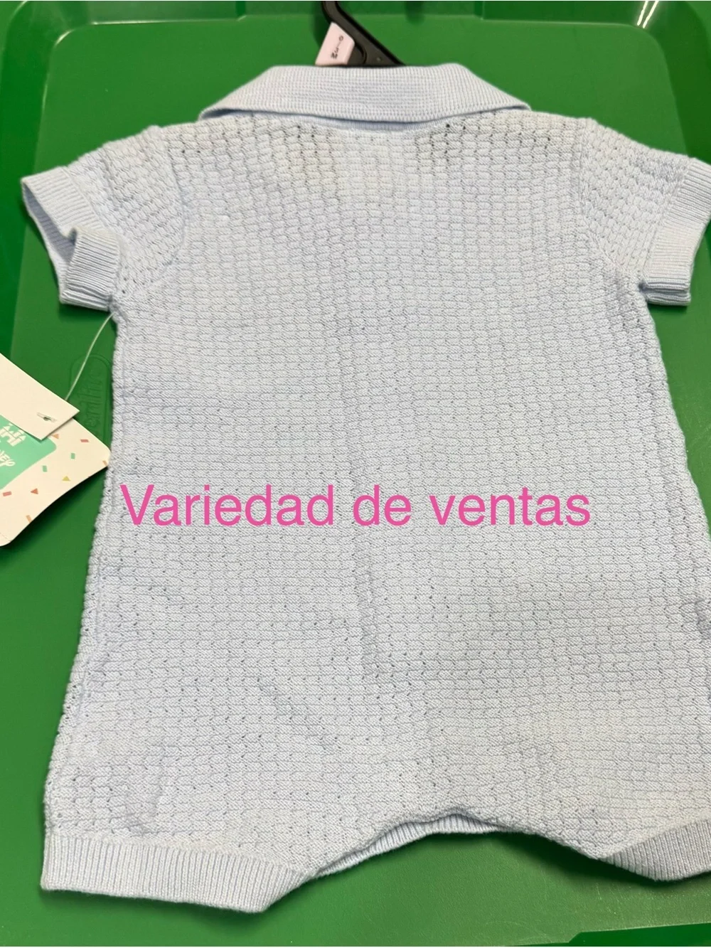 Light Blue Knit Baby Polo Romper with Stitch Detail